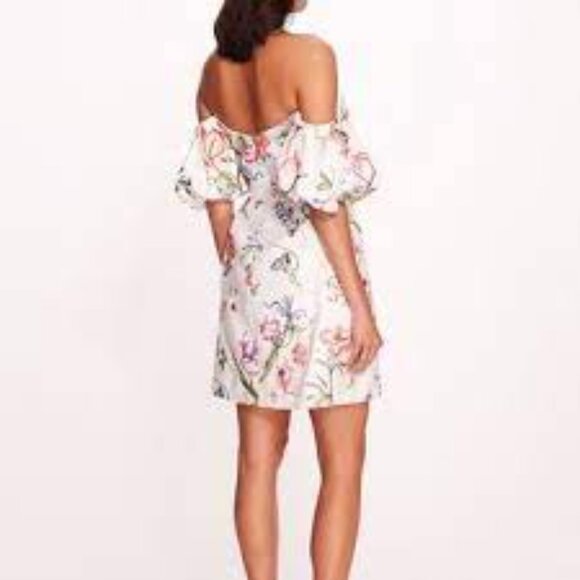 Marchesa Notte embroidered ivory floral puff sleeve Alex off shoulder dress 0 - Picture 3 of 12